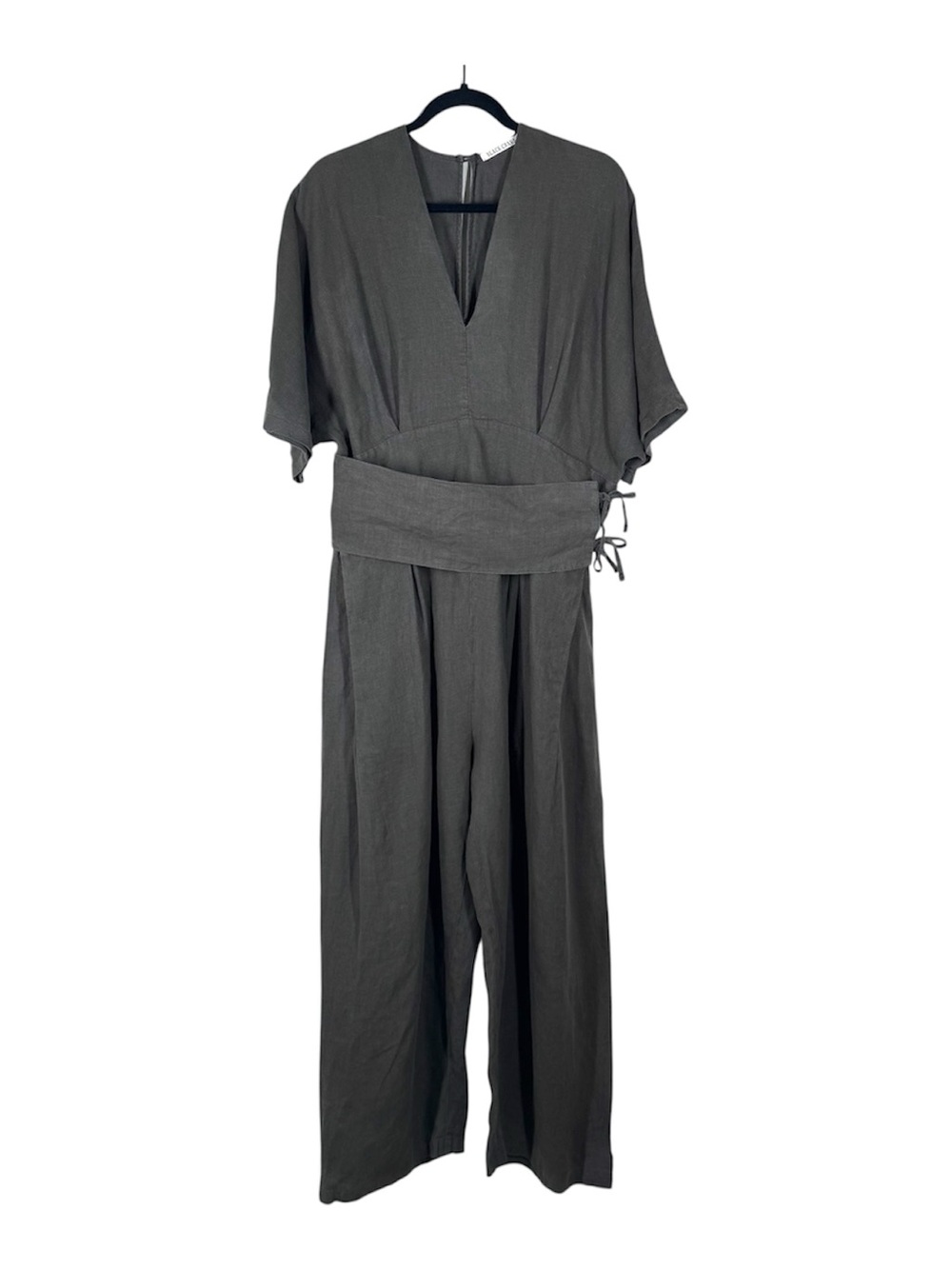 Black Crane Linen Obi Sash V Neck Jumpsuit Green Large Crop Wide Leg Lagenlook